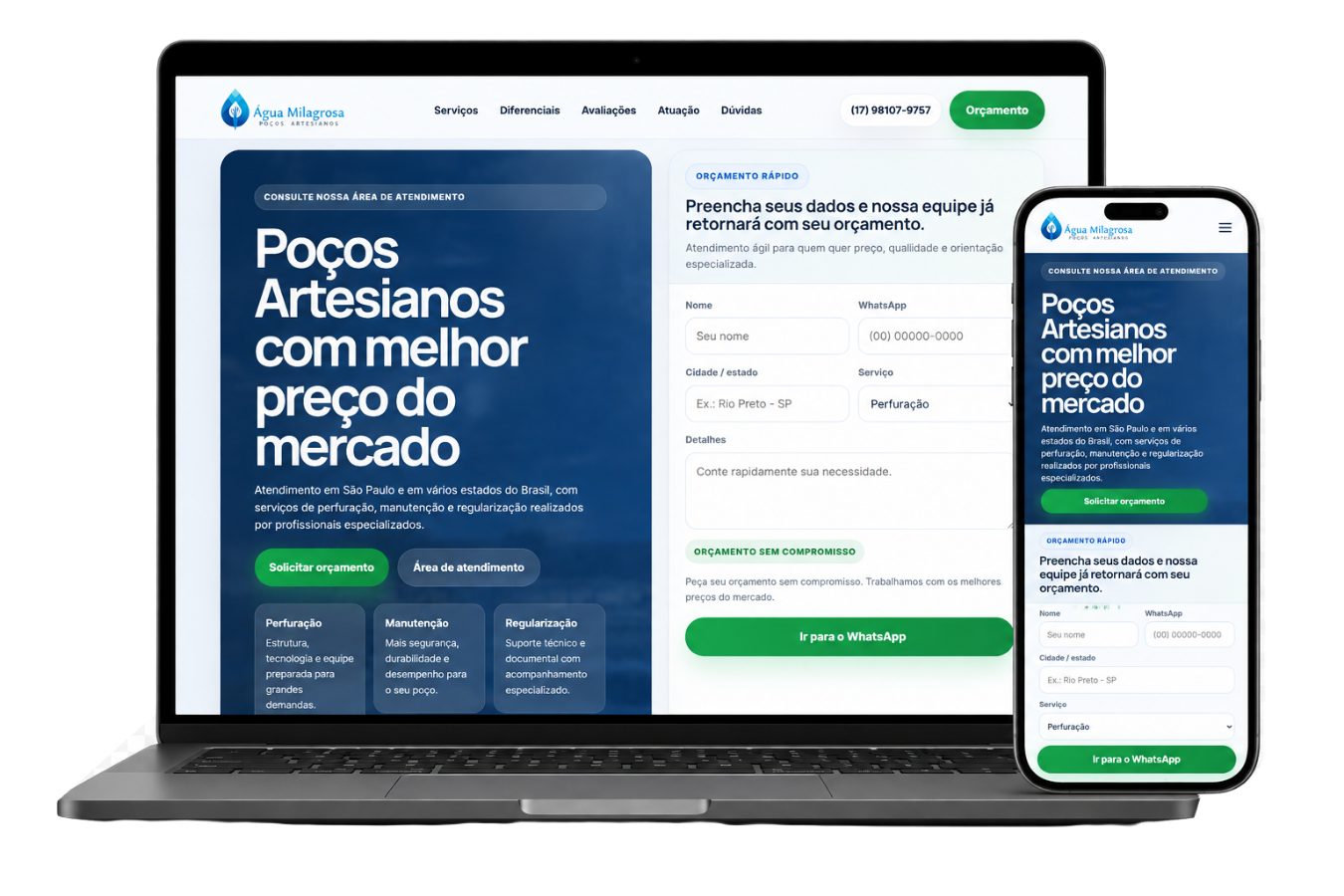 Mockup responsivo do site Água Milagrosa Poços Artesianos