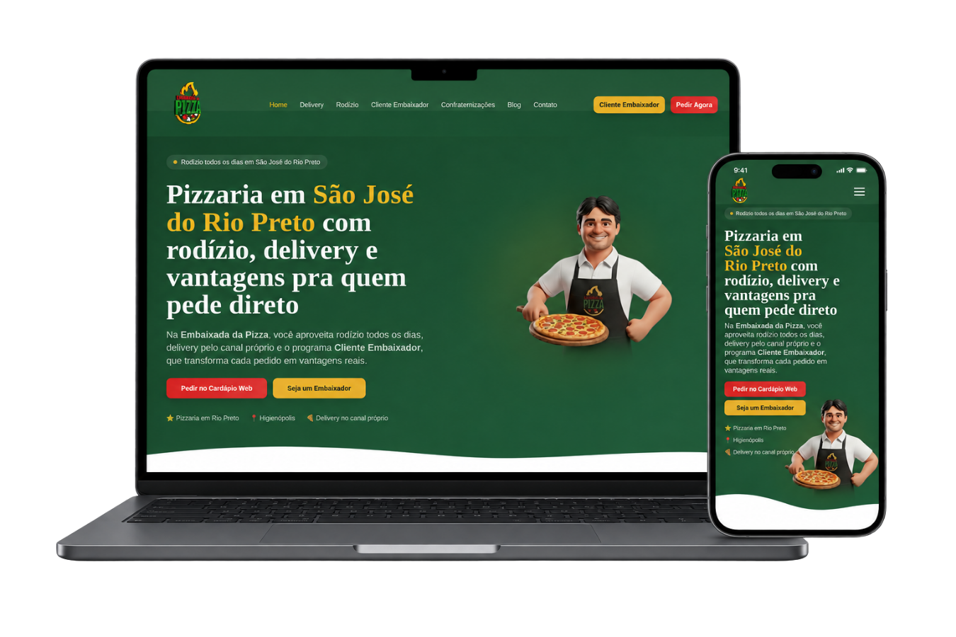 Mockup responsivo do site Embaixada da Pizza