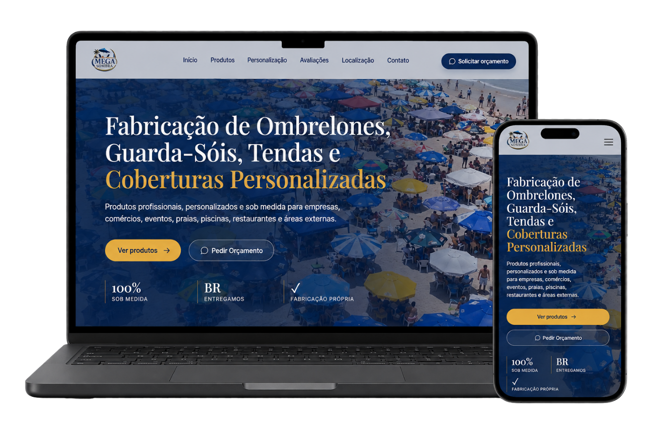 Mockup responsivo do site Mega Sombra